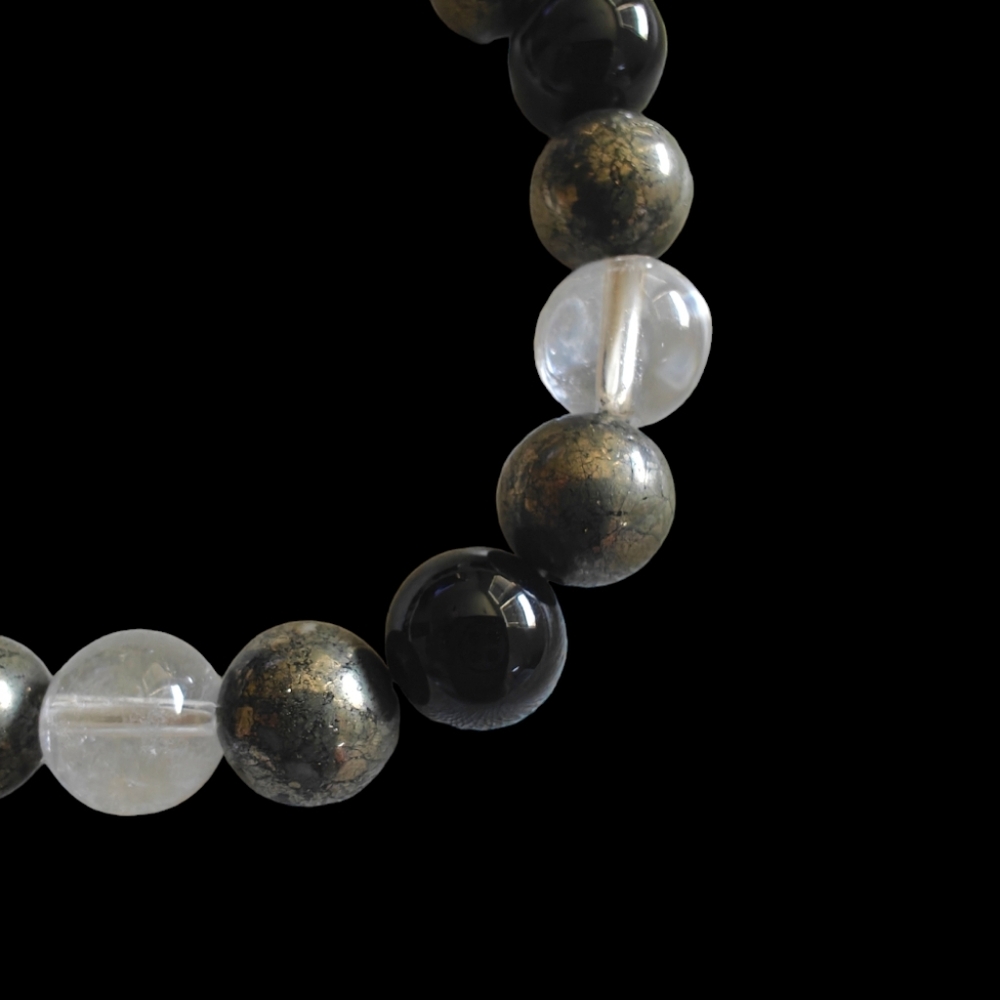 Pyrite Clear Quartz and Onyx Bracelet Natural Stones 10mm Unisex - Picture 5 of 6